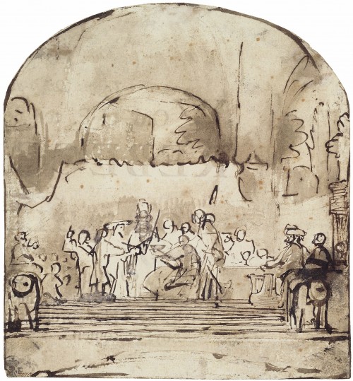 Rembrandt, The Conspiracy of the Batavians under Julius Civilis. Pen and brush in brown, brush in white, 19.6 x 18 cm., Munich, Staatliche Graphische Sammlung (Be. 1061 )