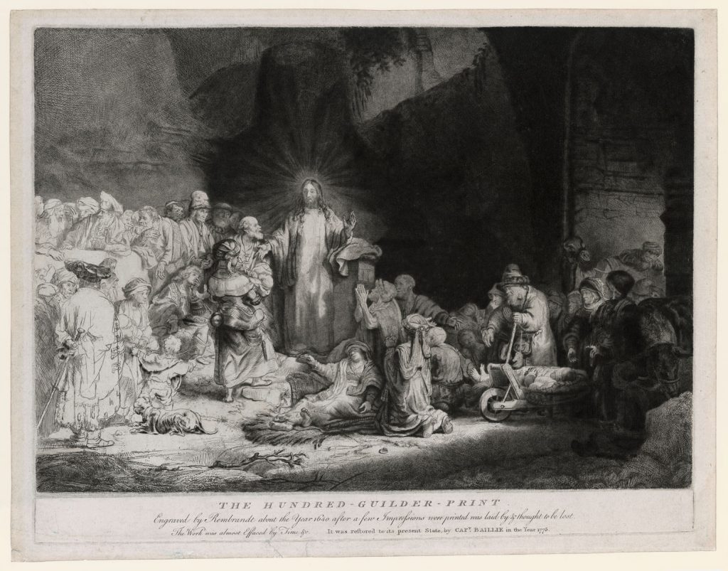 Rembrandt, Christus geneest de zieken (De Honderdguldenprent) (Ca. 1643-49). Ets, droge naald en burijn, staat II (B 74)