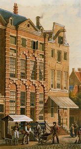 J.M.A. Rieke, Gezicht op het Rembrandthuis in 1868, signed and dated ‘A Rieke/ 1868’, pencil, pen ink and watercolours, 34.6 x 19 cm 